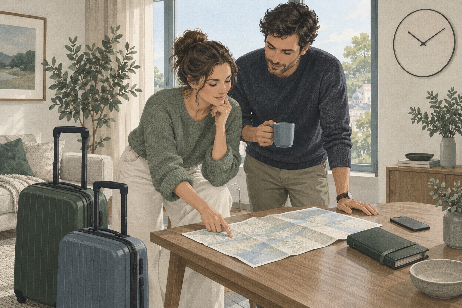 Editorial illustration of two travelers planning their departure at home with luggage nearby